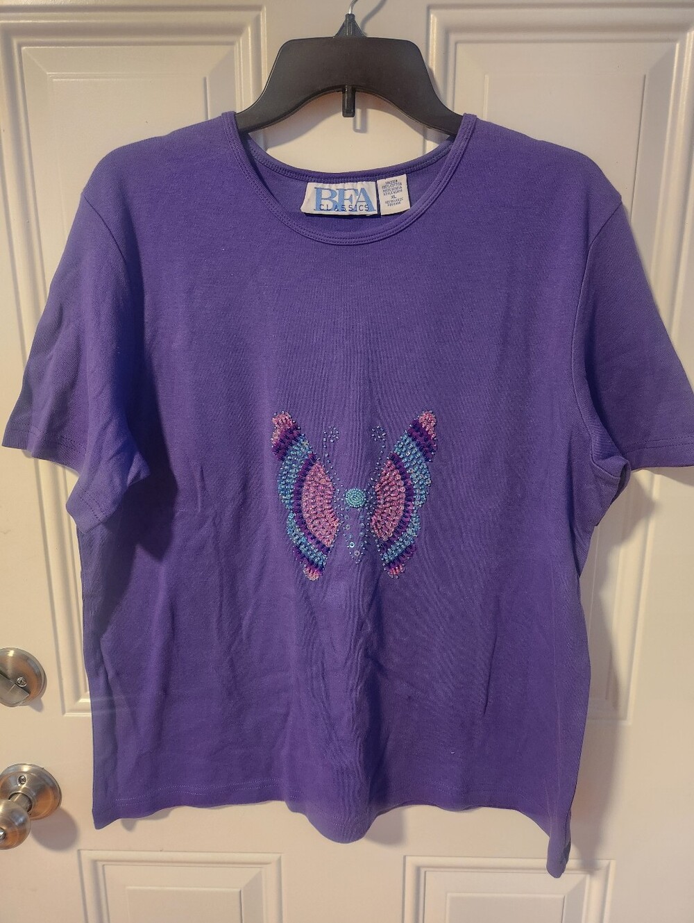 Nwot Vintage BFA Classics Purple Tee with Beaded Butterfly Motif Size Xl